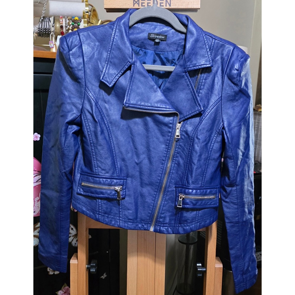 Shinestar Womens Blue Faux Leather Moto Jacket Asymmetrical Zip Size Small